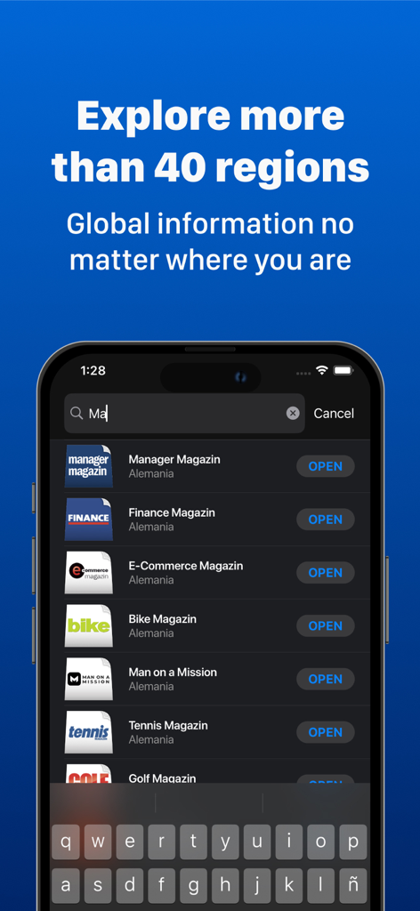 Search interface of the German Newspapers app showing a list of German magazines and publications.