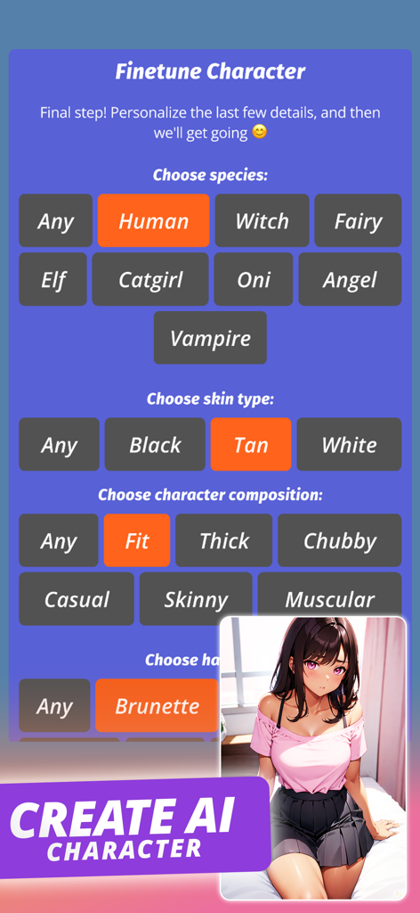 Interfaz de la aplicación LUX AI Friend que muestra opciones de personalización para el tipo de piel y la composición corporal para crear un personaje de IA.
