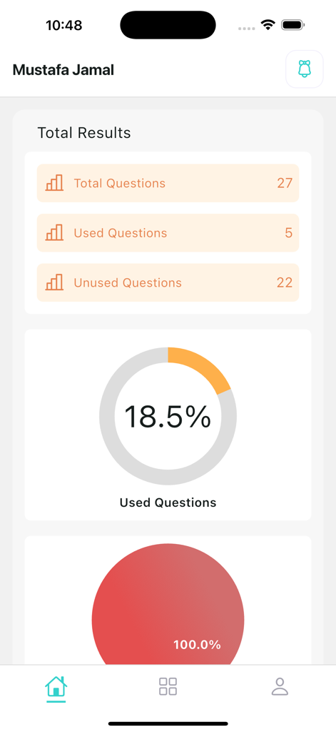 Remedy Platform app dashboard showing a summary of study results including total questions used and unused percentages
