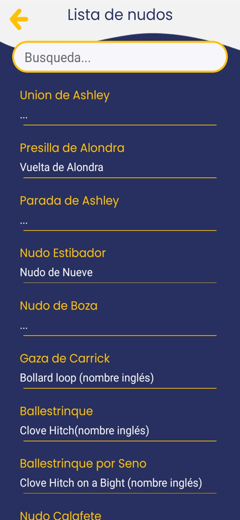 Marine Knots - Interface of the Marine Knots app showing a searchable list of maritime knots in Spanish.