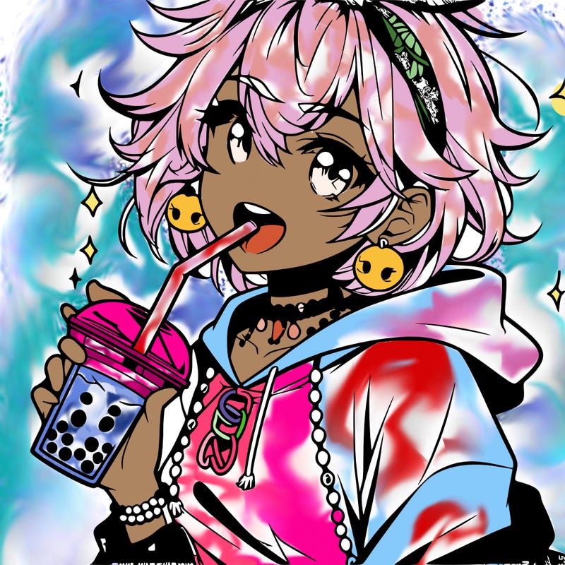 hot baddie anime girl drinking boba and biting the straw