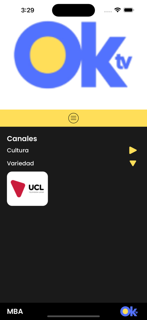 OKtv - OKtv mobile app screen showing TV industry channel categories and consulting interface