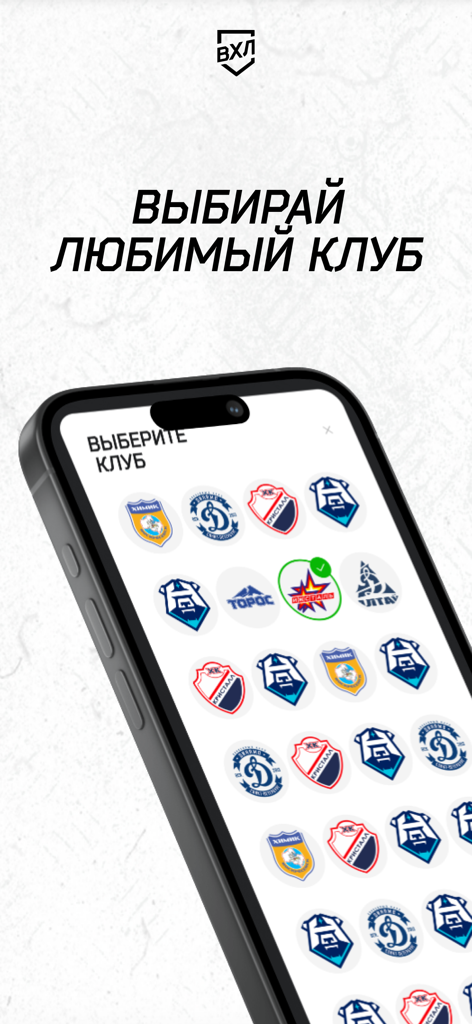 ВХЛ - 팀 로고 목록에서 좋아하는 클럽을 선택할 수 있는 VHL 하키 앱의 모바일 화면