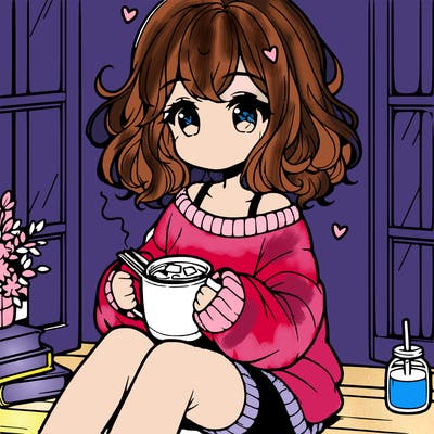 cute anime girl reading book and drinking hot chocolate from mug with loose wavy hair wearing a baggy sweatshirt and shorts sitting by windowsill looking out