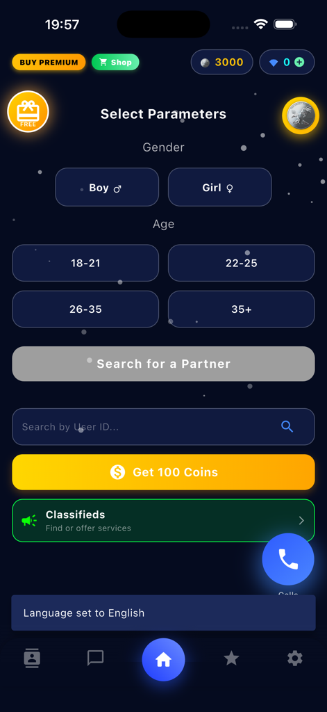 1001SMS —Anonymous Chat, Calls - 1001SMS mobile app screen for selecting gender and age parameters to search for a chat partner.