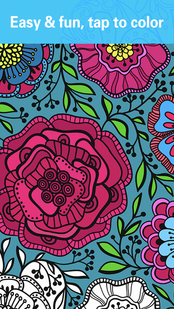 Colors-Recolor Book Colorfy - Patrón floral detallado en un libro de colorear digital con el texto fácil y divertido de tocar para colorear