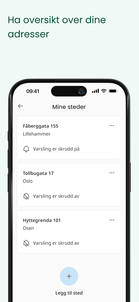 Interfaccia dell'app MinRenovasjon che mostra un elenco di indirizzi con interruttori per le notifiche di raccolta rifiuti