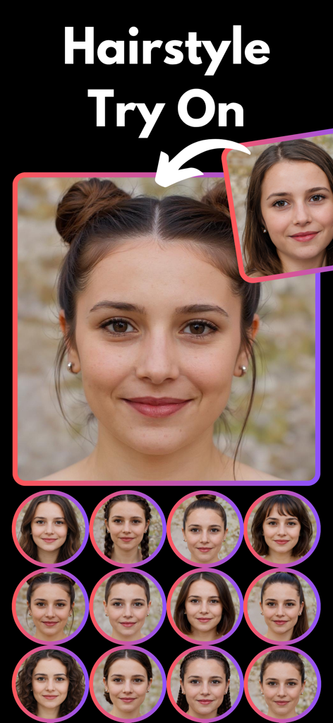 Hairstyle Try On - Haircut AI - Captura de pantalla de la aplicación Prueba de Peinados con IA mostrando a una mujer experimentando con diferentes peinados y cortes generados por IA