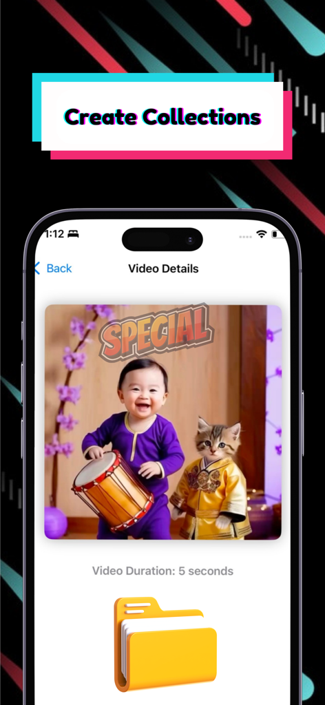 SnapTok: Save Tok Tags, Emoji - SnapTok app interface showing the Create Collections feature with a video thumbnail and a folder icon