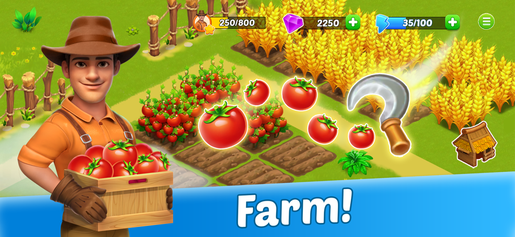 Un personaje sonriente sosteniendo una caja de tomates frente a una granja tropical floreciente.