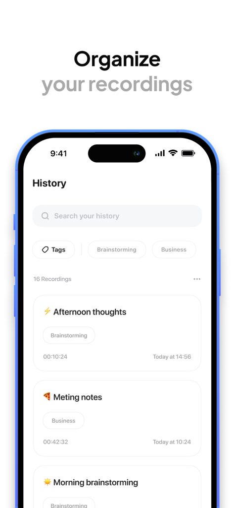 AI Transcribe app history screen displaying organized voice recordings with tags and search functionality