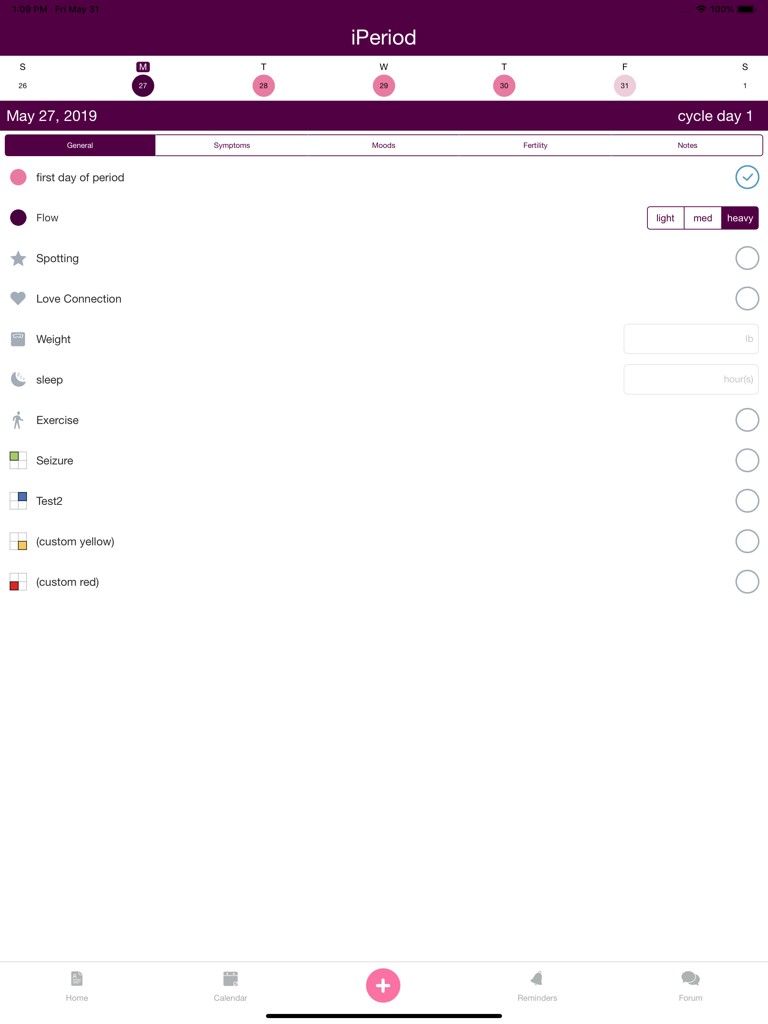 Pantalla de registro de síntomas y flujo de período en la aplicación iPeriod Lite HD para iPad