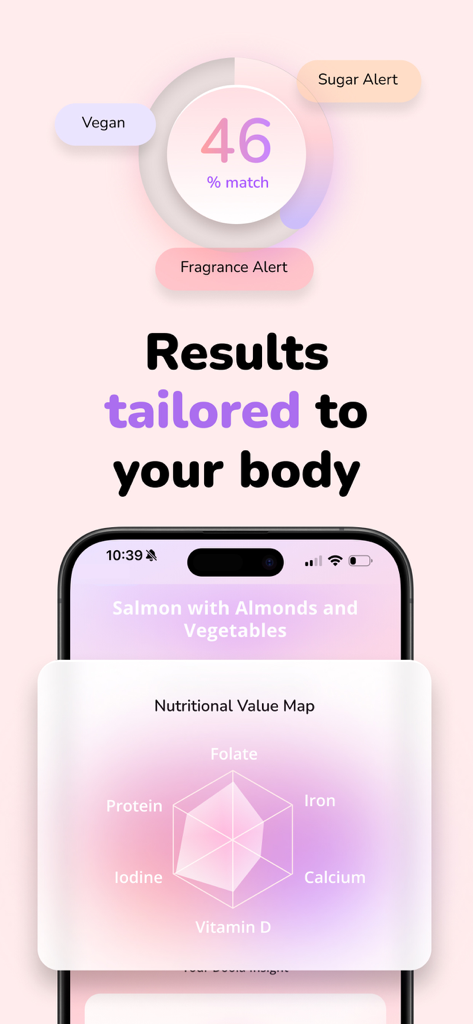 Doola app mostrando un mapa nutricional personalizado y resultados de coincidencia de seguridad para el embarazo