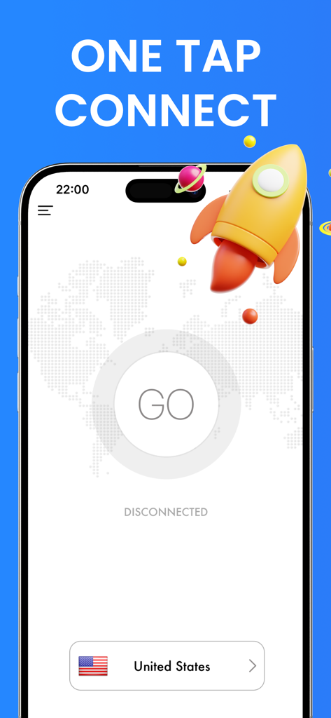 iPhone displaying the VPN Proxy app interface with a central GO button and a 3D rocket graphic
