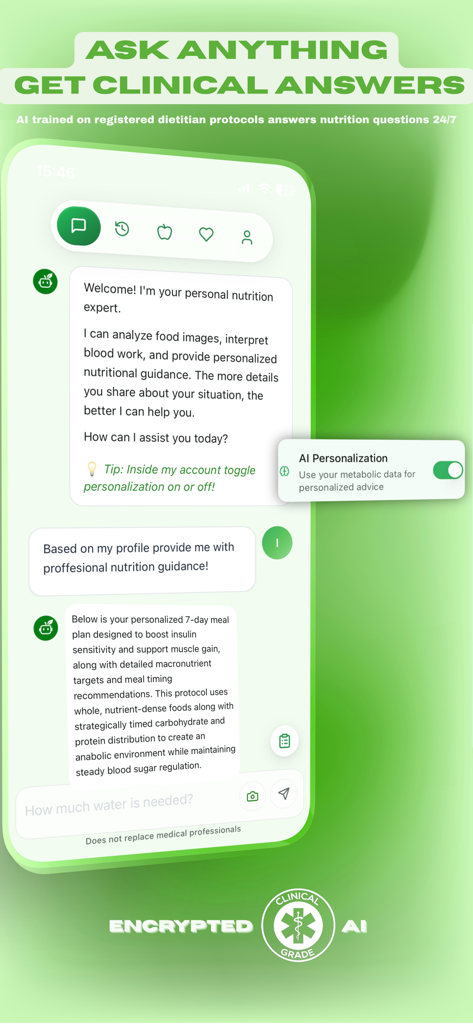 Nutrition AI chat interface showing clinical answers and a personalized 7-day meal plan.
