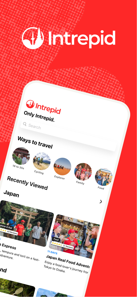 The Intrepid Travel app interface displaying different travel categories and recently viewed Japan tour itineraries