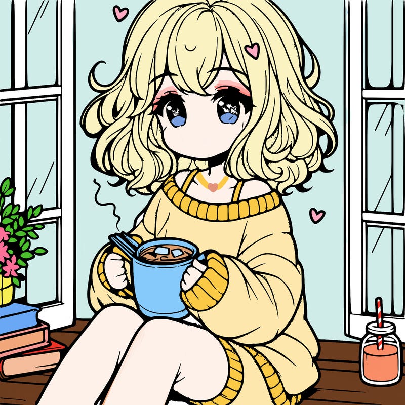 cute anime girl reading book and drinking hot chocolate from mug with loose wavy hair wearing a baggy sweatshirt and shorts sitting by windowsill looking out