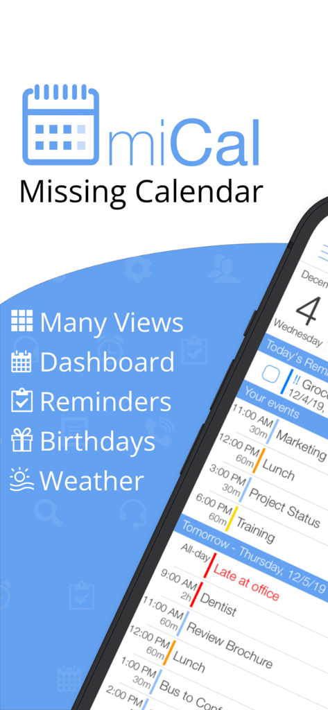 miCal - The missing Calendar - Interfaccia dell'app miCal che mostra funzionalità come dashboard, promemoria, compleanni e meteo