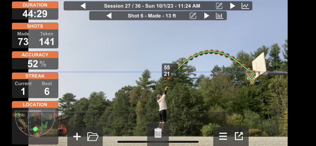 Basketball ShotBot - Basketball ShotBot app screen showing shot trajectory and session stats