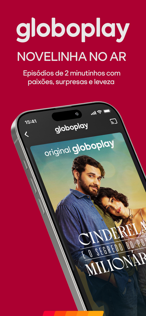 Globoplay: Novelas, séries e + - Globoplay app screen showcasing the Novelinha no Ar feature with 2 minute episodes and original content