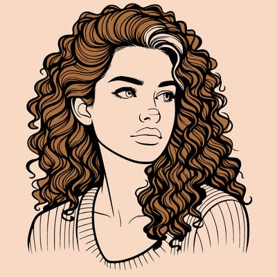 realistic looking caucasian woman with curly hair looking to the side