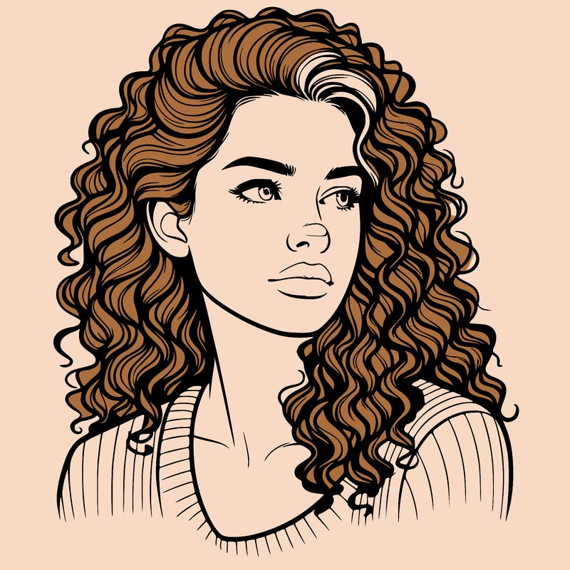 realistic looking caucasian woman with curly hair looking to the side
