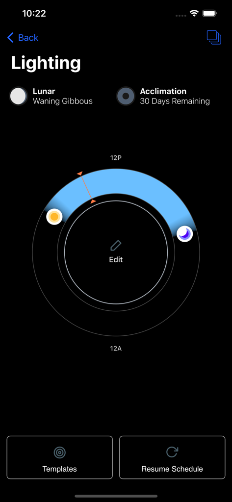 Mobius - Interface do aplicativo Mobius para gerenciar cronogramas de iluminação de aquário e modos de aclimatação de corais.