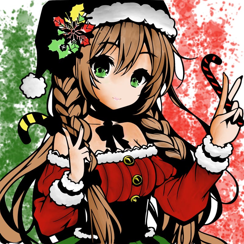 anime girl, with long straight hair with two braids in the front with a santa hat has a candy cane in one of her hands and a peace sign and another hand close up to your face. also a cute christmas outfit.