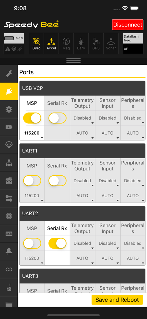 SpeedyBee app interface displaying UART and USB port settings for FPV drone flight controllers