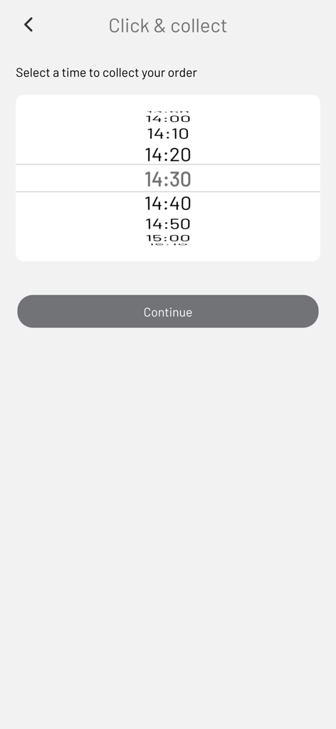 Cafe Flava app screen for selecting a click and collect pickup time for a food order