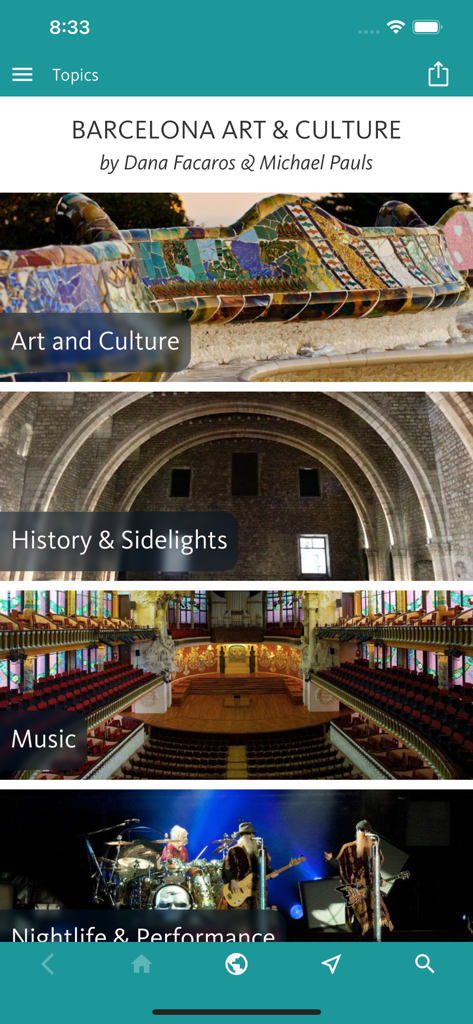 Barcelona Art & Culture - The topics screen of the Barcelona Art and Culture app displaying categories for Art and Culture History Music and Nightlife with cultural imagery