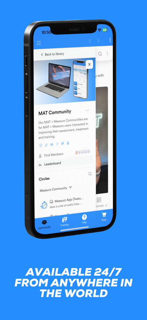 MAT Education - Smartphone displaying the MAT Education app community portal for physical therapy and fitness professionals