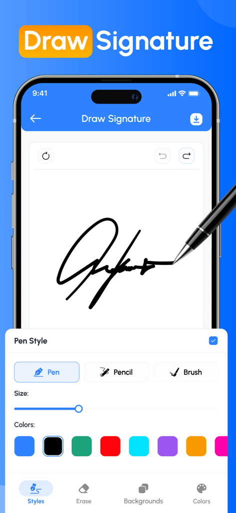 Mobile app screen showing a handwritten signature being drawn with customizable pen styles and colors