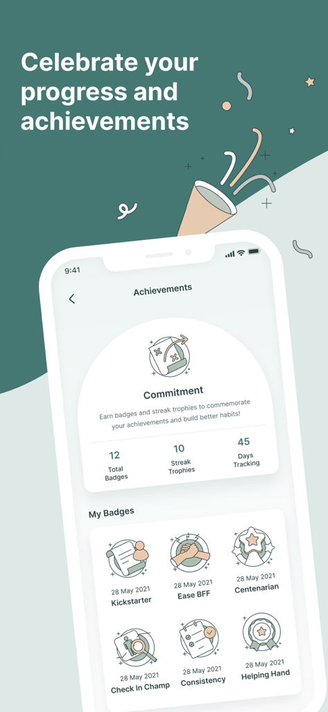 Ease: Birth Control Reminder - Ease birth control app achievements screen displaying earned badges and tracking progress statistics.