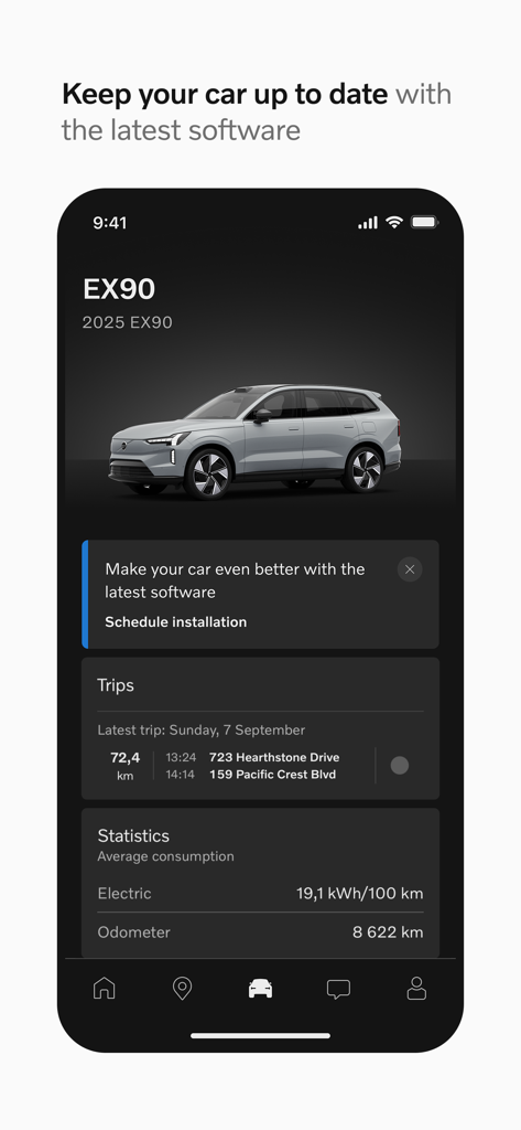 Volvo Cars - Volvo Cars app interface showing software update scheduling and vehicle statistics for the EX90 model
