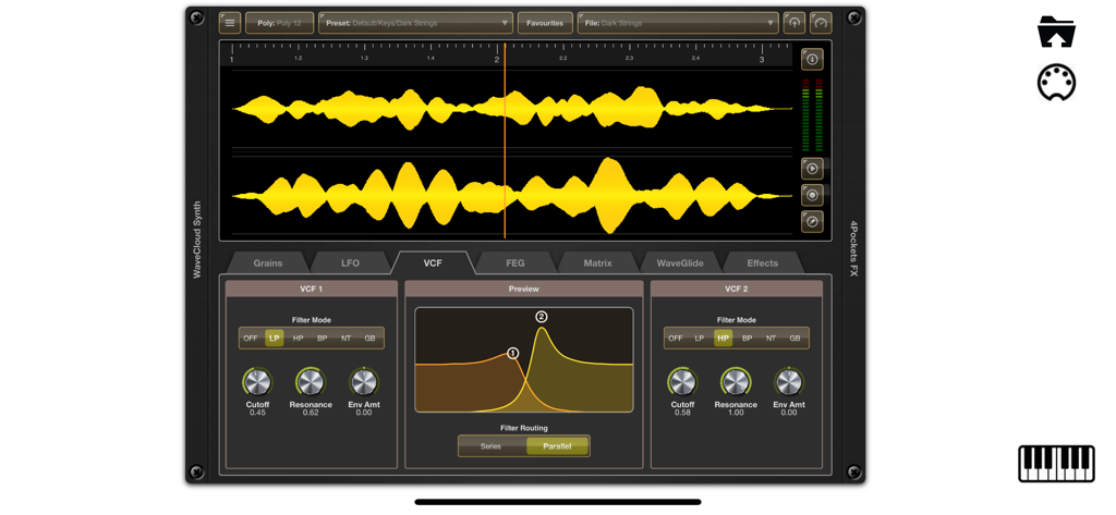 Oberfläche des WaveCloud Granular-Synthesizers mit dualen VCF-Filtersteuerungen und Audio-Wellenform