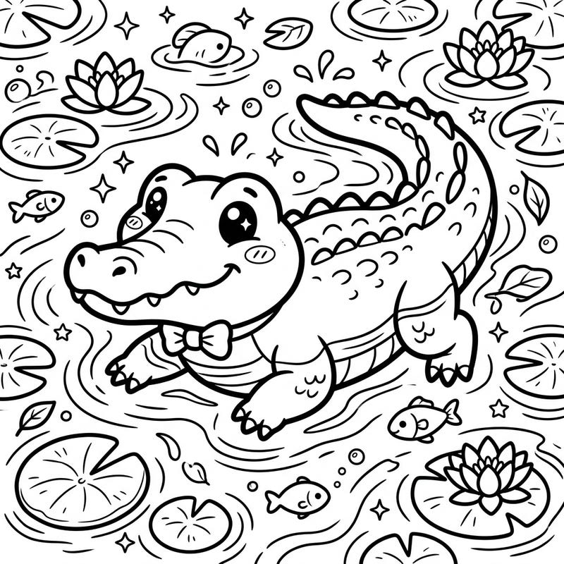 Embark on a delightful coloring journey with this adorable Kawaii Crocodile. This charming reptile, complete with a dapper bow tie, is ready for your creative touch amidst a whimsical pond scene.
