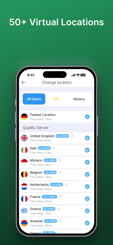 VPN高速プロキシアプリのインターフェース。世界中の50以上の仮想サーバーロケーションのリストが表示されている。