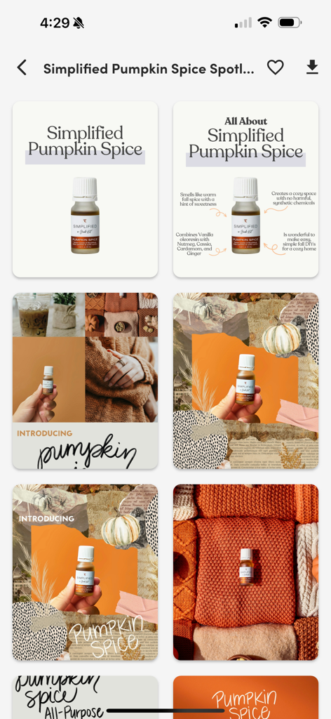 A collection of marketing graphics for Simplified Pumpkin Spice essential oil displayed within the Life Steps app