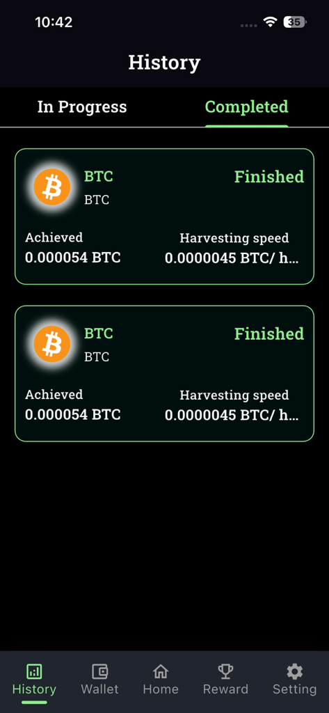 Der History-Bildschirm der Bitpro-App, der eine Liste abgeschlossener virtueller Bitcoin-Mining-Sitzungen und verdienter Belohnungen anzeigt.