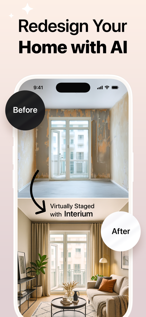 Interium - AI Home Design - Before and after comparison of a room virtually staged with the Interium AI home design app