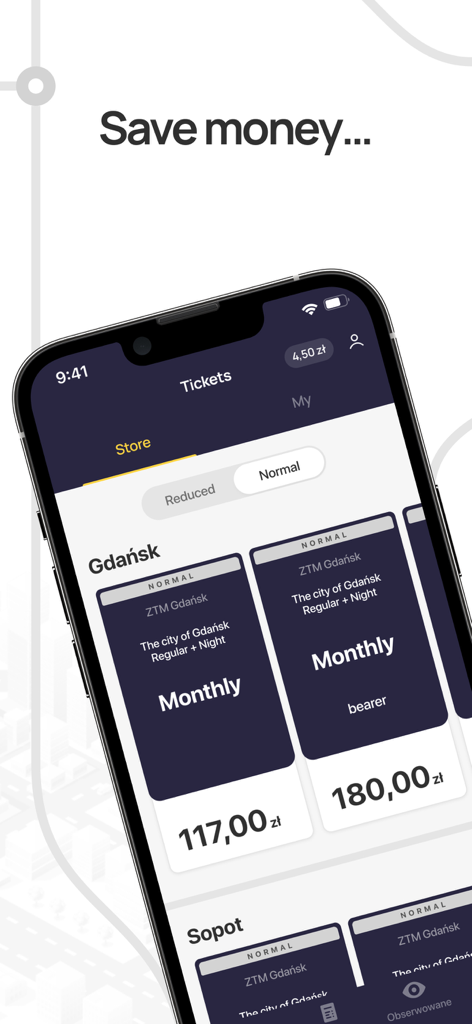 Jakdojade Premium app screen showing monthly public transport tickets for the city of Gdansk