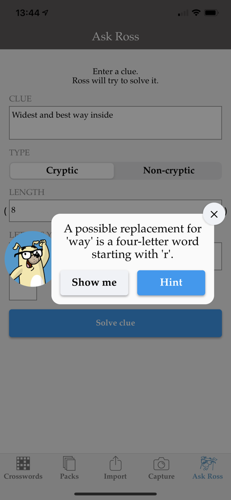 Crossword Genius - Screenshot of the Crossword Genius app showing Ross the AI providing a hint for a cryptic crossword clue