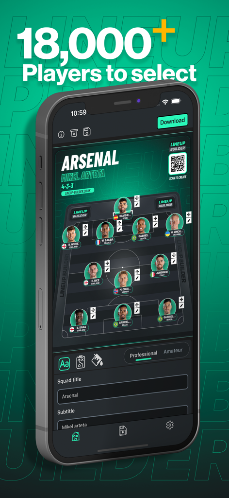 Lineup builder - Un smartphone mostrando la interfaz de la aplicación Creador de Alineaciones con una formación de fútbol profesional y una gran base de datos de jugadores.