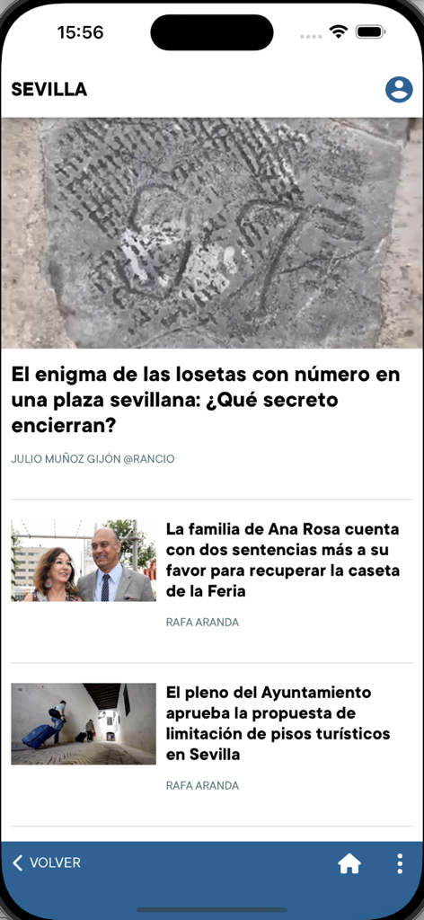 Local news feed of El Correo de Andalucia app showing headlines about Seville