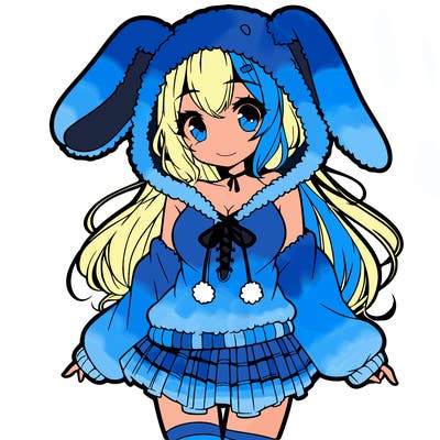 pretty anime girl wearing a fluffy hoodie with bunny ears on the hood and a skirt