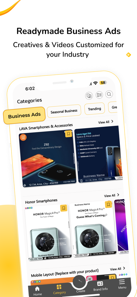 AdBanao: Poster & Video Maker - さまざまな業界向けの既製のビジネス広告テンプレートを備えたAdBanaoアプリを表示するスマートフォン画面。