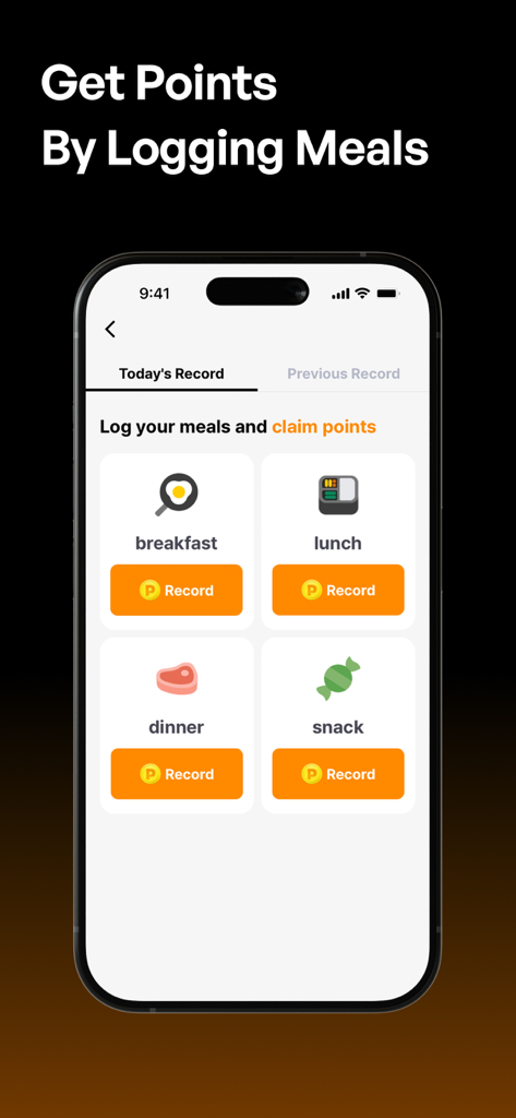 Moneywalk app interface showing meal logging options for breakfast lunch and dinner to earn reward points
