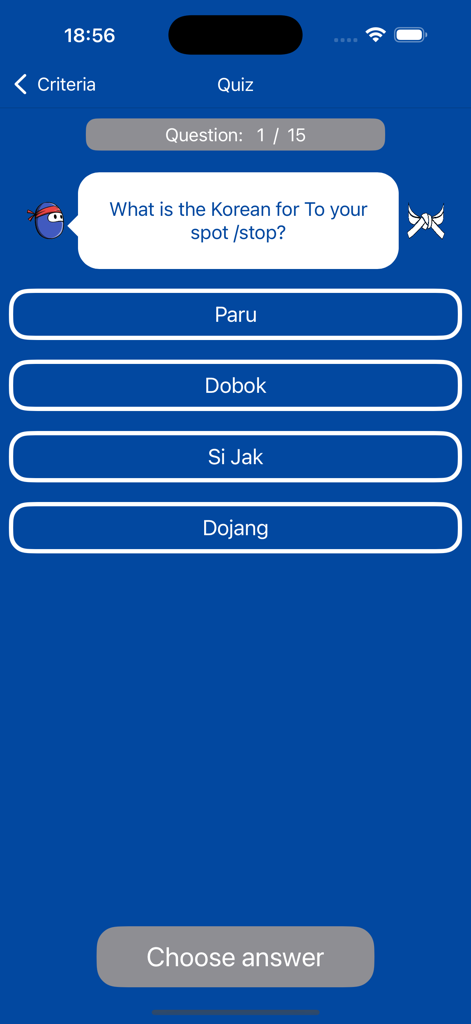 DojangIQ - A Taekwondo theory quiz screen in the DojangIQ app asking for the Korean term for 'to your spot' with multiple choice options.