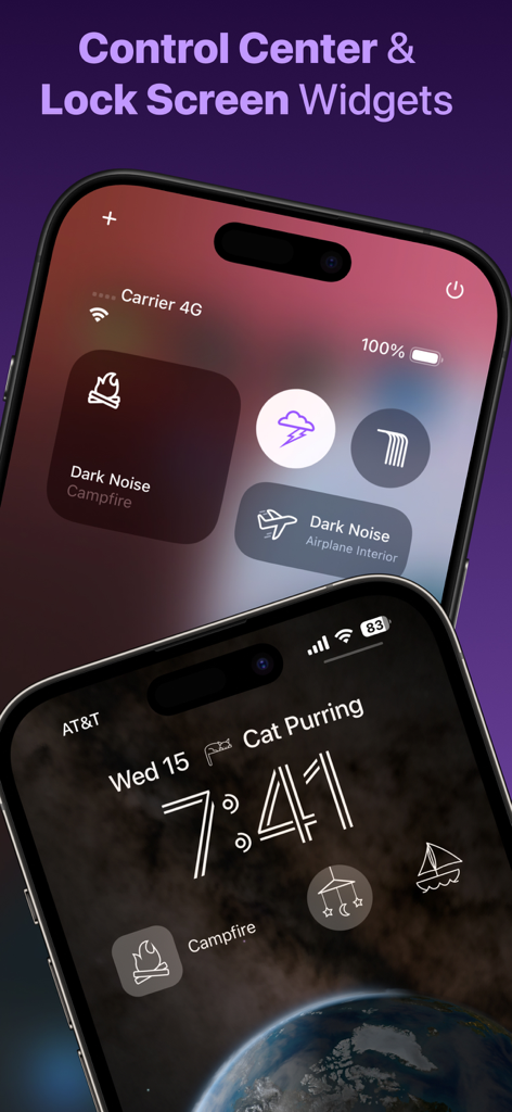Dark Noise app showing Control Center and Lock Screen widgets on iPhone